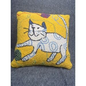 Vtg Folk Hand Hooked Wool Cat Pillow Mustard Yellow Whimsical Folk Art 16x16